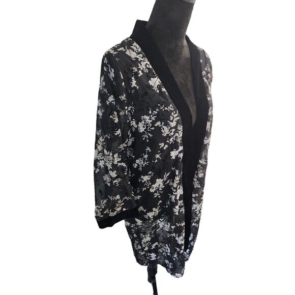 Alice Blue Sheer Long Swing Cut Cardigan Kimono With Velvet Trims Black Floral - Picture 2 of 5